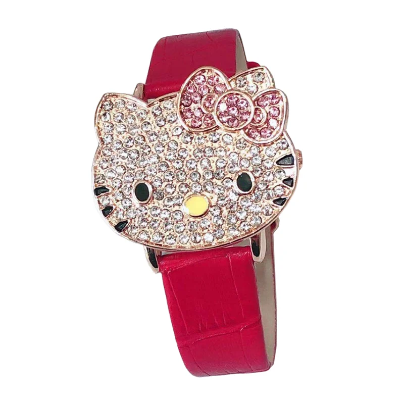 Miniso Anime Cartoon Sanrio Hello Kitty Head Silicone Diamond Quartz Girls Student Watch Kids Leather Belt Watch Birthday Gifts