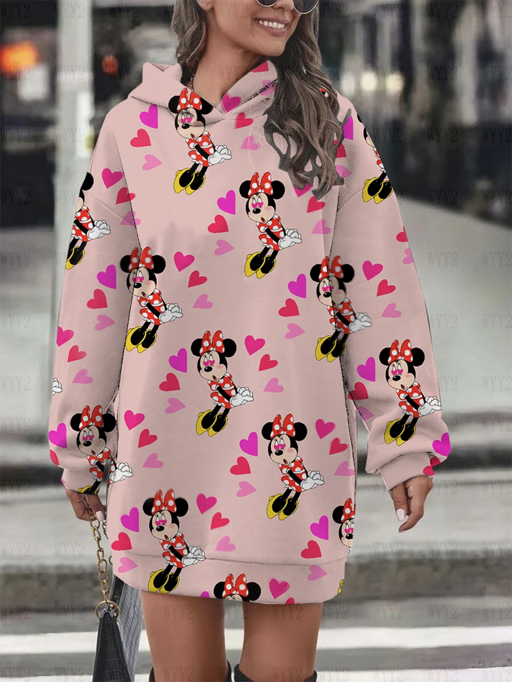 Ladies Sweater Dress Casual Print Disney Mickey Minnie Round Neck Hooded Sweater Dress Simple Fashion Ladies Clothing