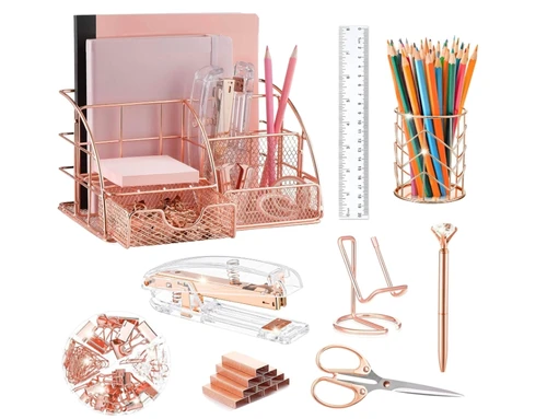 Accesorios organizadores de escritorio, juego de suministros de oficina, grapadora, portalápices, soporte para teléfono, tijeras, bolígrafo, regla, 30 clips de papel, 22 encuadernaciones