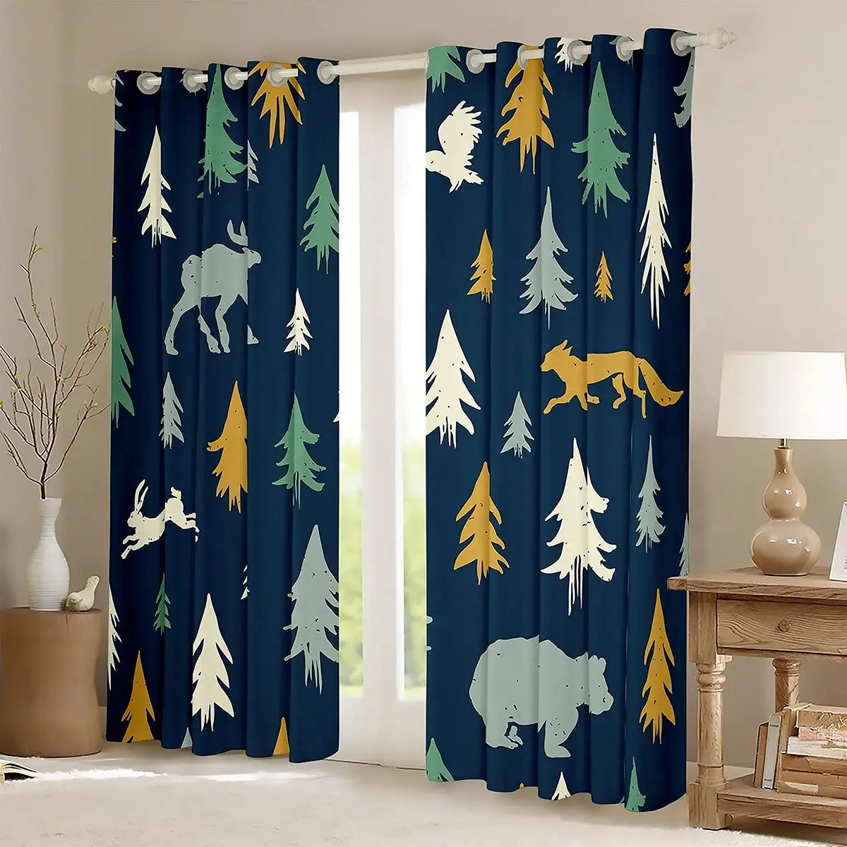 Woodland Nature Theme Window Treatments Tree Print Curtain Fox Bear Rabbit Pattern Window Drapes Animal Themed Navy Blue Cortin