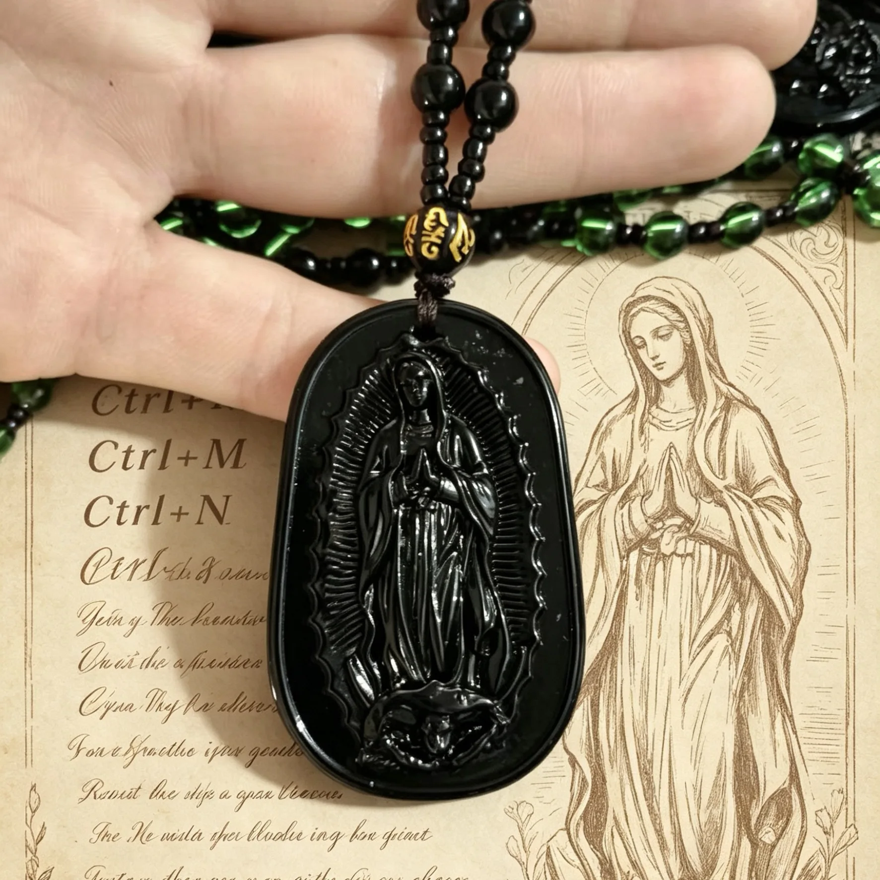 Obsidian Carved Virgin Statue Pendant Necklace Men Women Religious Jewelry