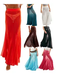 Sexy See Through Sheer Mesh Long Skirts Elastic High Waist Ruffle Hem Flowy Skirts Party A-line Midi Skirts Women Casual Clothes