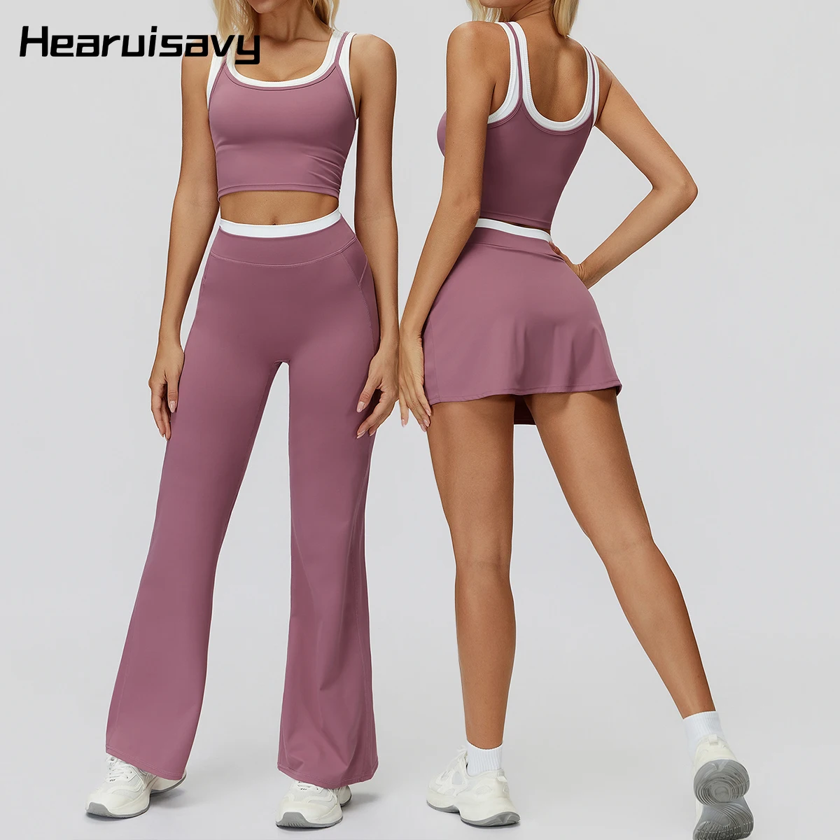 

Hearuisavy Women's Sports Suits Two-Piece Split Fitness Running Tank Top Tennis Short Skirt High-Waist Loose Workout Leggings