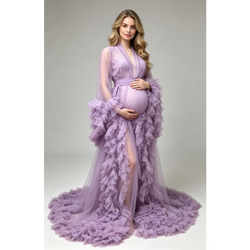 Deep V Fluffy Cuff Tulle Robe – Layered Ruffle Mesh Cover Up with Floor Sweep Train for Maternity & Bridal Photoshoot