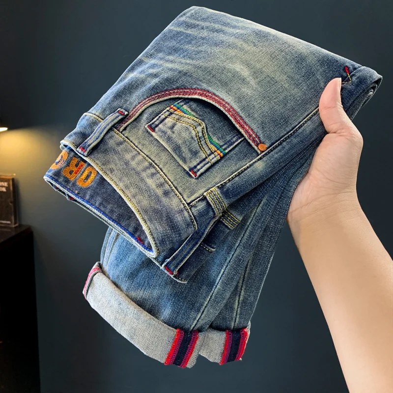 

Осень 2021, новые мужские джинсы, трендовые высококачественные универсальные повседневные потертые эластичные удобные брюки