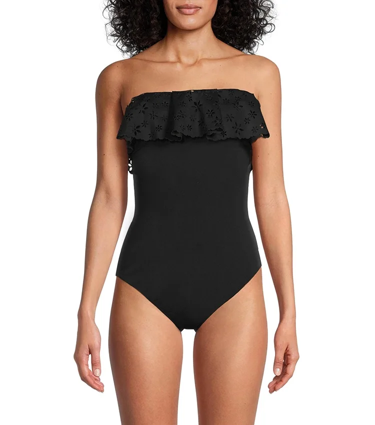 Women 2 Pcs Off Shoulder One Piece Swimsuit Set Eyelet Ruffle Bathing Suit & Hollow Skirt Cover Up Beach Swimwear Brazil Summer