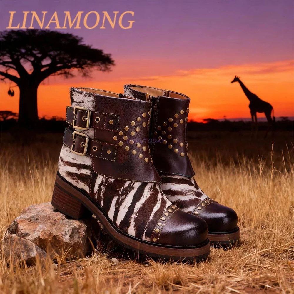 

Side Zipper Square Heel Short Boots Black Rivets Decoration Low Heel Round Head Polished Leather Splicing Fashion Boots