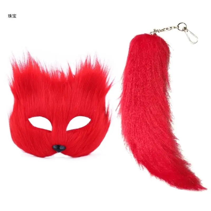 X5QE Faux Furs Foxes Tail Cats Mask Therian Mask and Tail Halloween Cosplays Party