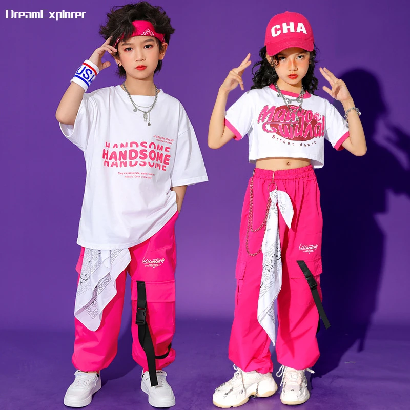 Girls Hip Hop Crop Top Purple Cargo Pants Boys T-shirt Street Dance Pink Joggers Children Streetwear Kids Jazz Tee Clothes Sets