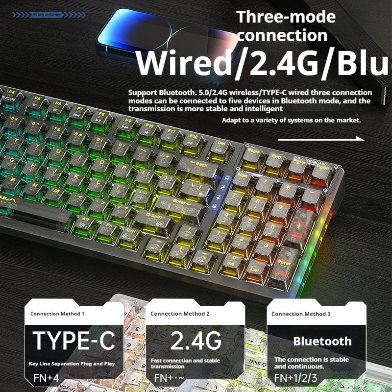 Imagem -06 - Teclado Mecânico Transparente Personalizado Jogos de Vídeo sem Fio Bluetooth Rgb Hot Plug o Terceiro Exame Simulado Quente Aula-f98