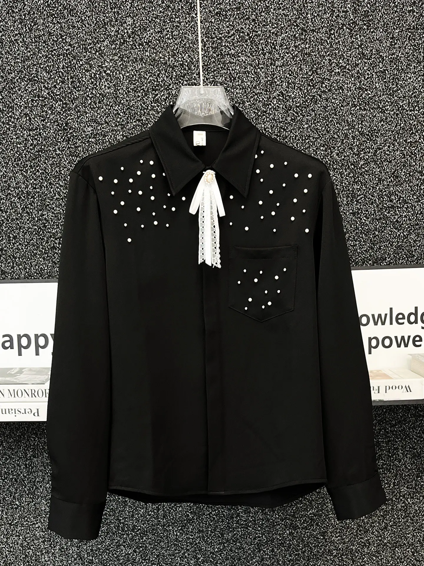 Brand Nail Bead Shirt Men Loose Versatile Long Sleeved Casual Shirt Trendy Bow Tie Collar Shirt Party Stage Performance Costumes