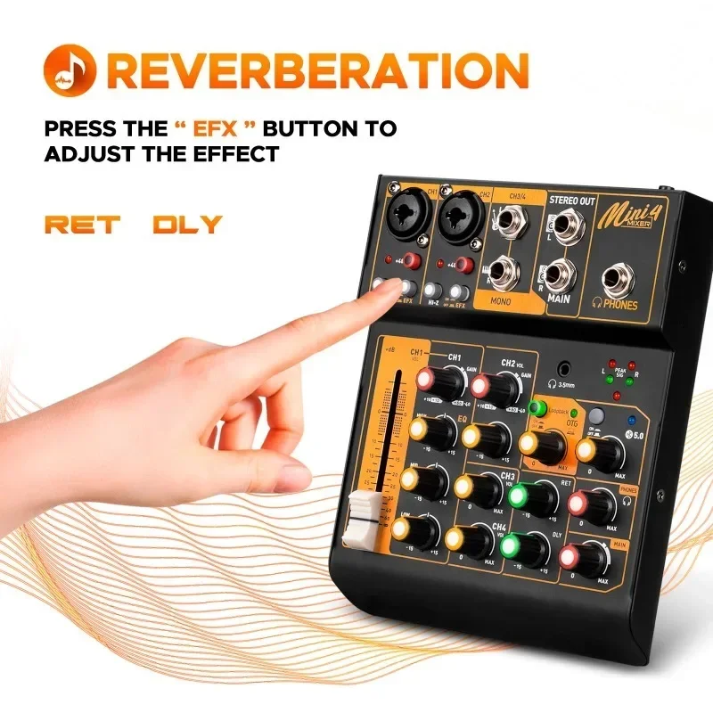 

Metal Mini4 Audio Mixer Interface DJ Console Bluetooth 5.0 OTG Reverb 48V Sound Card for Live Broadcast PC Recording Hot Sale