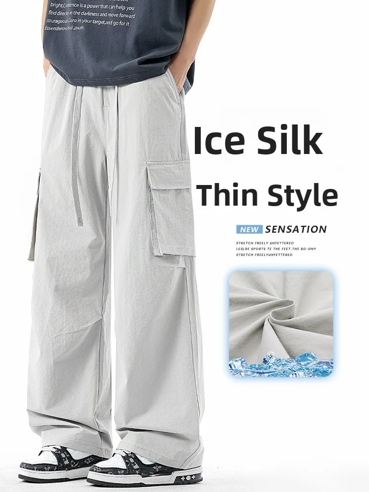 

Ice Silk Men's Summer Thin Loose Wide Leg Workwear Pants Teenagers Multi ket Drape Sport Casual Long Trousers