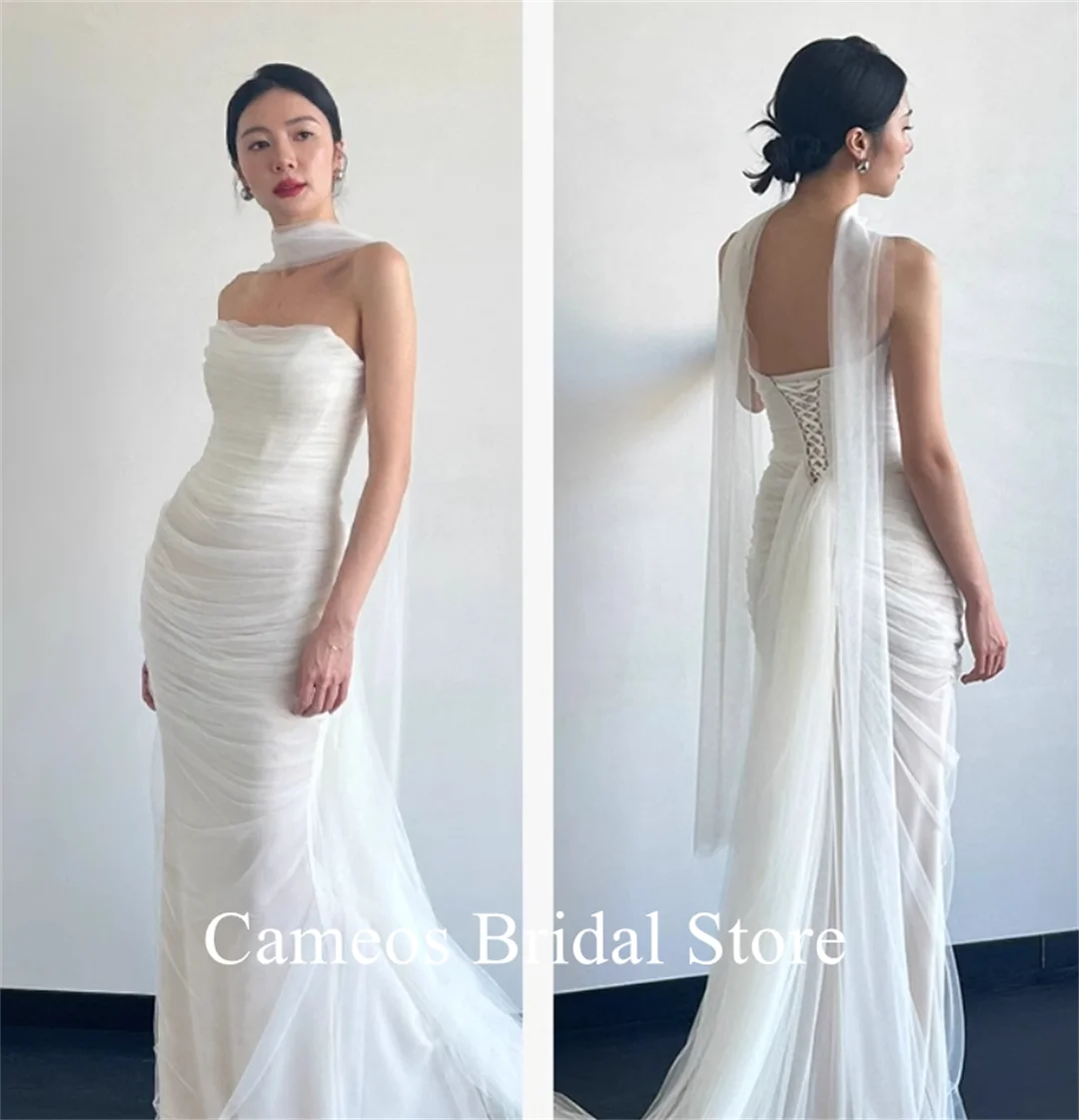 SONDR Strapless Tulle Korea Elegant Wedding Dress Customized Bride Dress 웨딩드레스 Mermaid Ruched Corset Ivory Wedding Gown Bridal