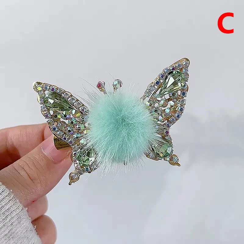 3D Movable Butterfly Hairpin Elegant Rhinestone Hair Clips For Women Fur Ball Barrettes Hair Clip Headwear Hair Accessories