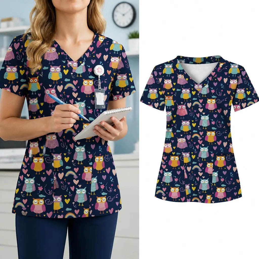 Summer Women's V-neck T-shirt, Printed Workwear Top, Animal Nurse Uniform Shirt with Pockets, Hospital Nursing Uniform view 4