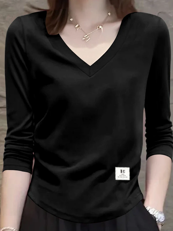 2025년 신상 여성용 면 긴팔 티셔츠 V넥 허리 조임 패셔너블 다용도 슬림 베이스 레이어 탑 한국 스타일