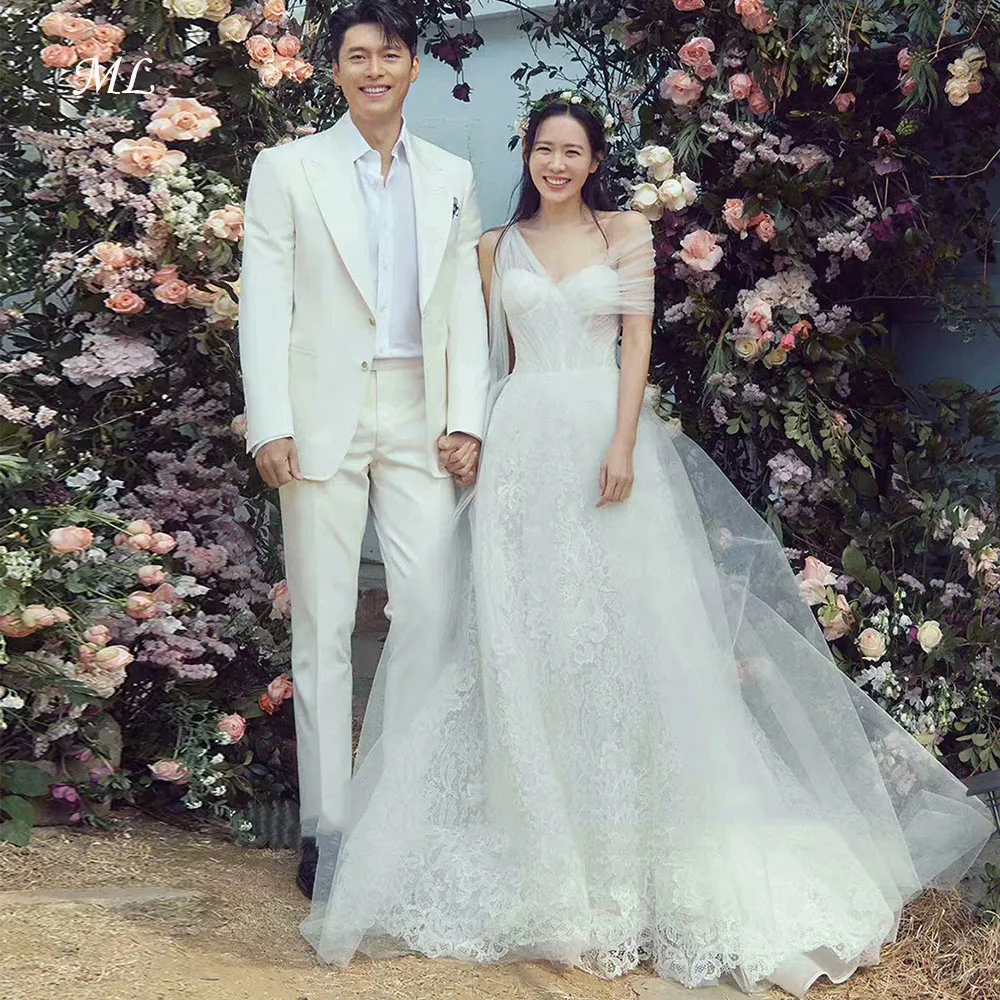 

ML One Shoulder Elegant Wedding Dresses Customized 프롬드레스 A-Line Tulle Lace Korea Pretty Ivory Bride Gowns Party Women Bride