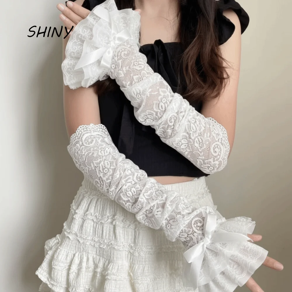 Simple Bow Lace Sleeves Elastic Thin Sunscreen Arm Sleeve Hollow Loose Sun Protection Sleeve Women