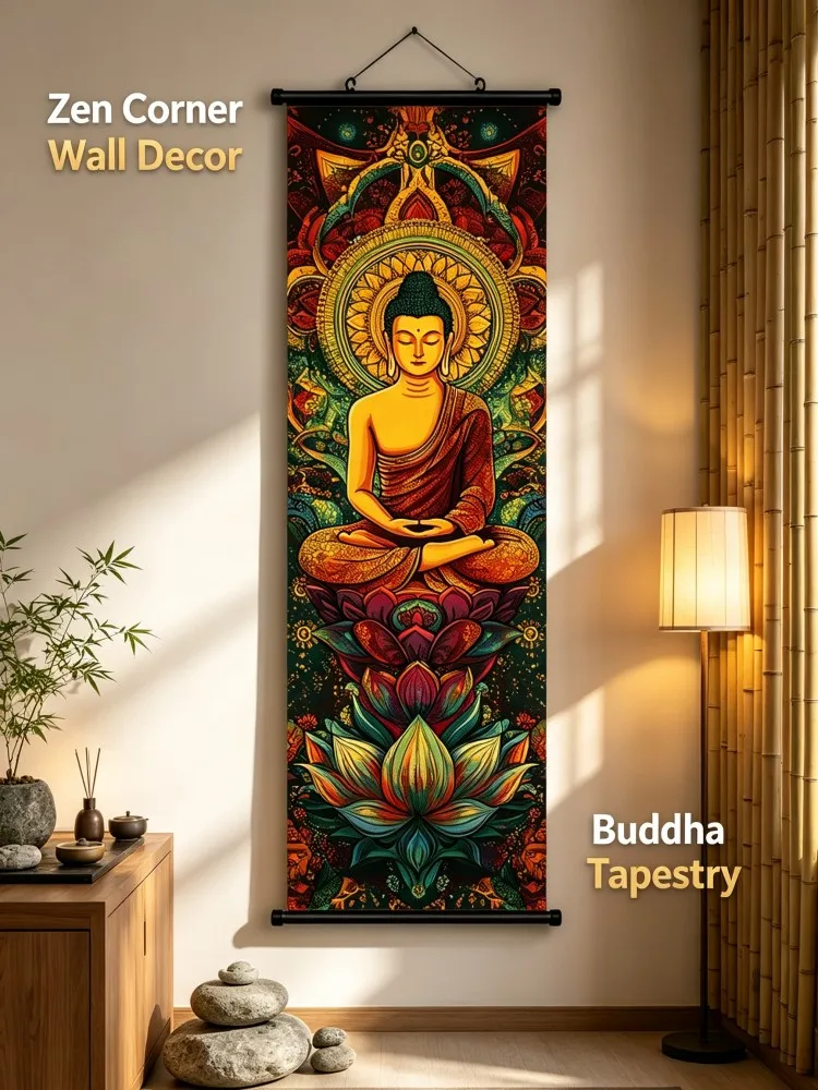 VIKAMA **New Arrival Mandala Buddha Tapestry, Spiritual Meditation Wall Hanging, Colorful Lotus Bohemian Decorative Scroll for L