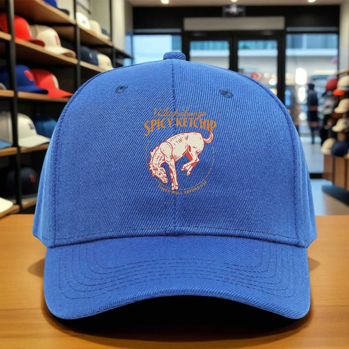 Whakabungo Spicy Ketchip Horse Print Baseball Cap, Shake Well Before Use Hat, Orange & Red Design, Adjustable Sports Cap