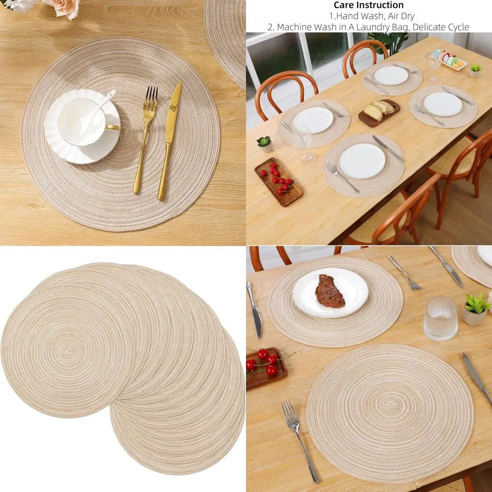 

12-Pack Beige Woven Round Placemats, 15 Inch Diameter, Braided Circle Mats for Kitchen and Dining Table, Washable