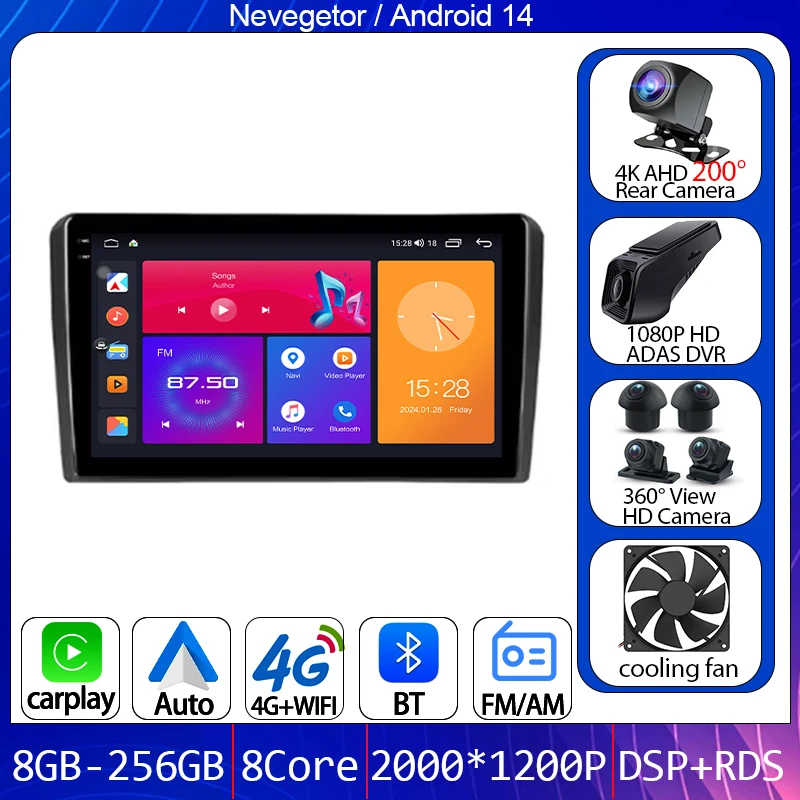 Android 14 Carplay Auto Car Radio For Audi A3 8P 2003-2013 2din Multimedia Player GPS Navigation Audio Stereo DSP 360 Camera 4G