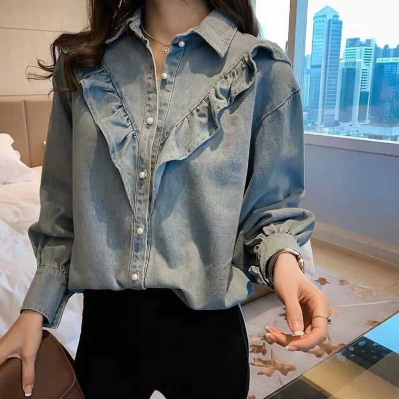 

Women Denim Shirts Y2k Jeans Coat Ruffles Long Lantern Sleeve Turn Down Collar Loose Blouse Casual Office 2025 Spring Autumn
