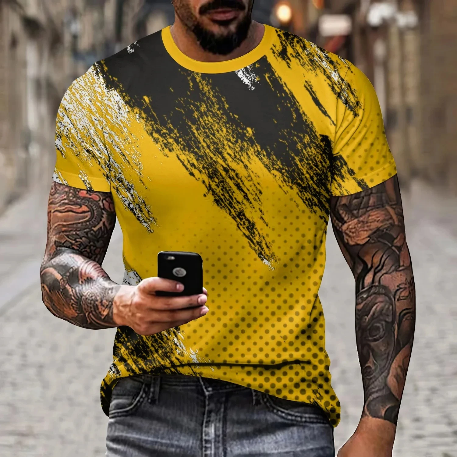 New Men's T-shirt Retro Color Blocking Design 3D Printed Street Casual T-shirt Fashionable Oversized Men's Short Sleeved Shirt