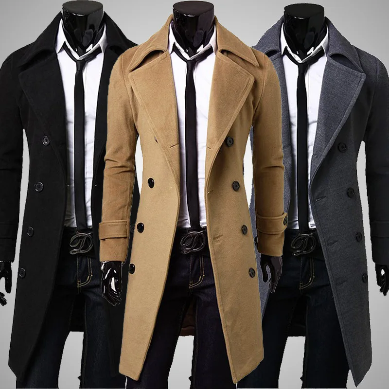 2026 New Men's Double-breasted Wool Trench Coat Mid-long Slim Fit Casual Overcoat Business British Style Outerwear