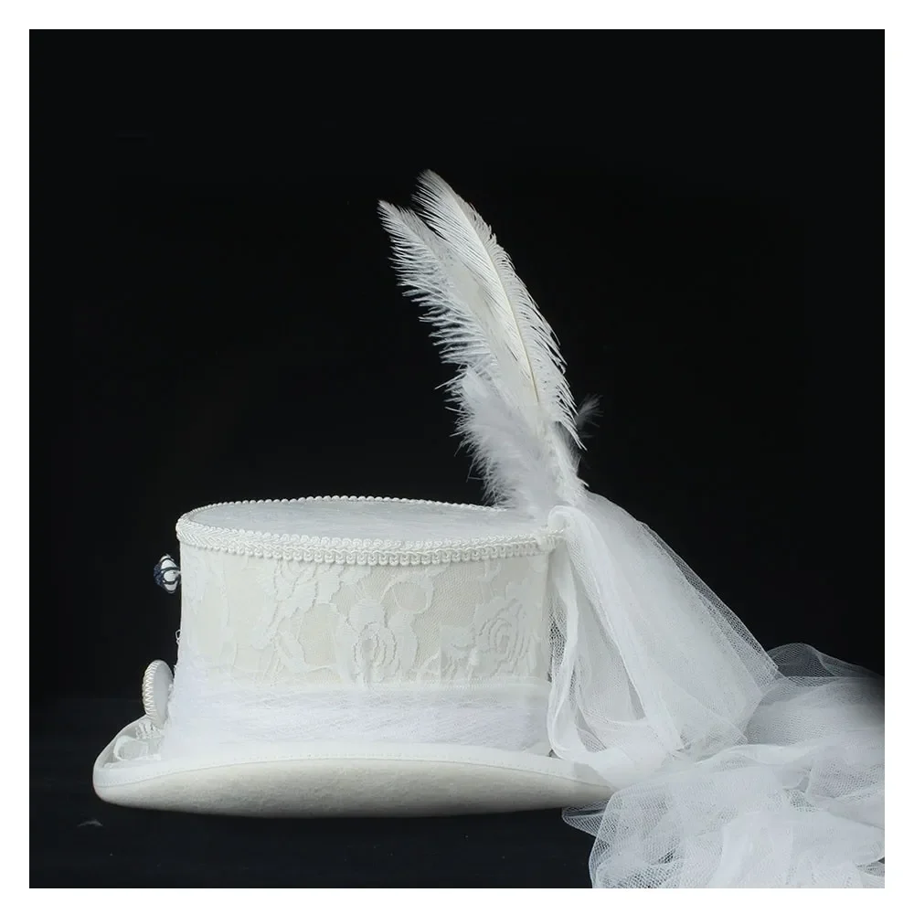 White Women Wedding Top Hat 100% Wool Steampunk Hat Ivory Hat Lady Rhinestone Gala Hat Flower Top Hat Tea Party Hat 4Size