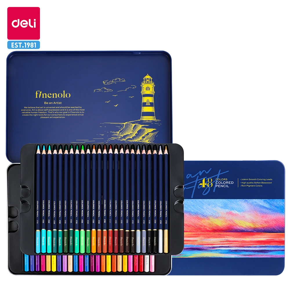 Deli 72 Colors Oily Colored Pencil Set with Iron Box Wooden Colored Pencil for Drawing Art Stationery Back To School Gifts