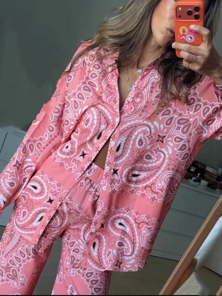 Printing Shirt Two Piece Set Full Sleeves Single Breasted Blouse Pants Casual Vacation Outfit for Women