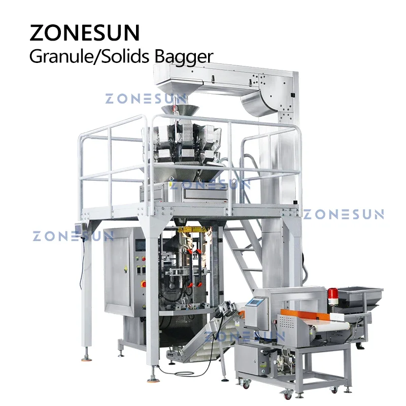 ZONESUN ZS-GW10 Granulat Bagger Bohnen Sesamsamen Metalldetektor Kontrollwaage Z Feeder Feststoffe Lebensmittelverpackung Produktionslinie