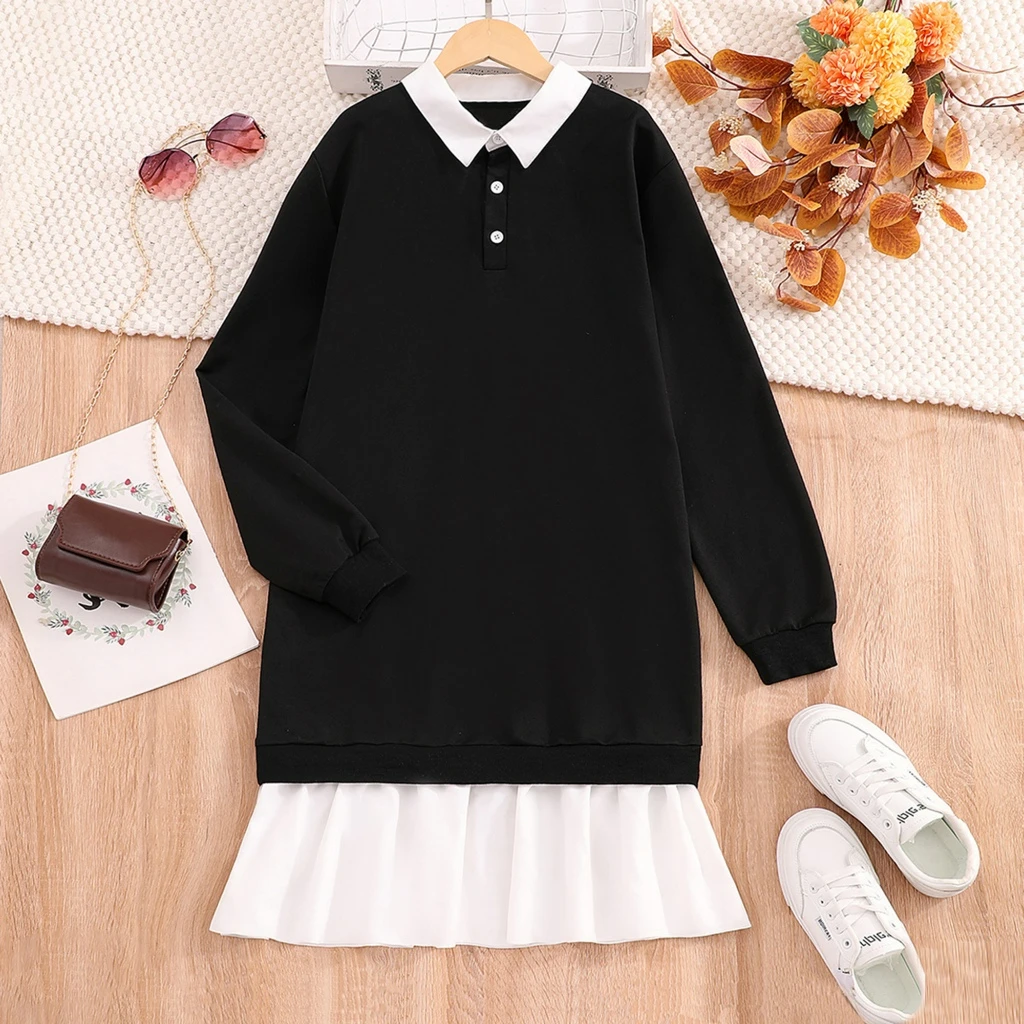 2024 Dress Kids Girl Clothes Teens Long Sleeve Solid Color Laple Splicing Girls Dress Party Children Dress Set 13 14 15 16 Years
