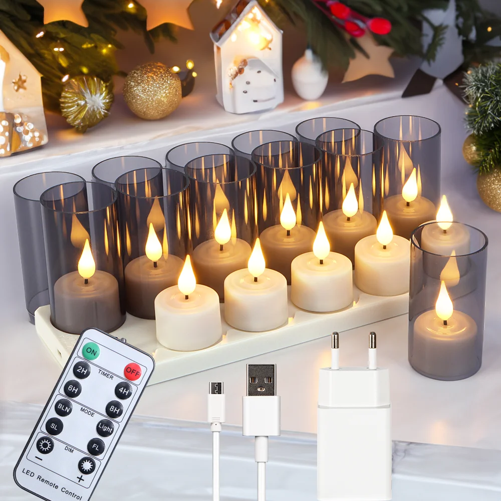 

12Pcs LED Candle Light Timer Rechargeable Flashing Flameless Electronic Candles Tea Lights For Home Decoration With Black Cups