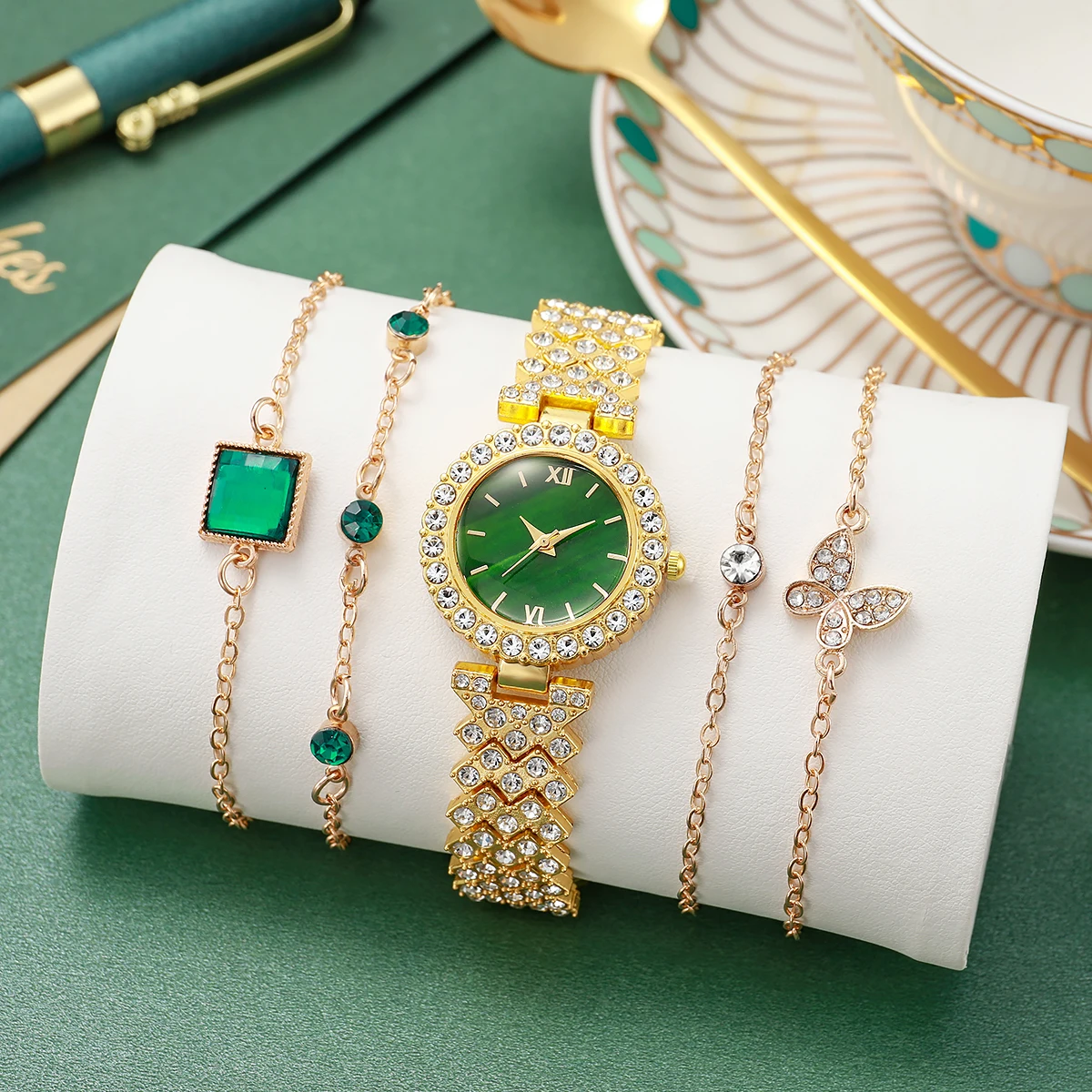 Exquisite Fashion Bar-Shaped Roman Dial Diamond Steel Belt Quartz Watch + Gem Butterfly Bracelet