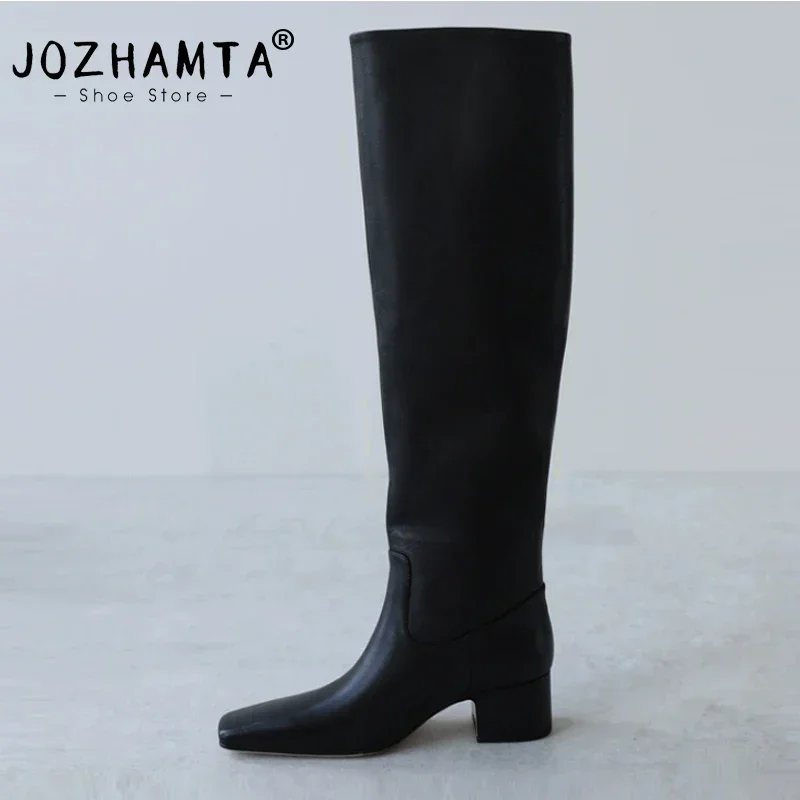 

JOZHAMTA Size 34-43 Knee Boots For Women Genuine Leather Block High Heels Shoes Winter 2025 Wide Calf Casual Long Tall Boots