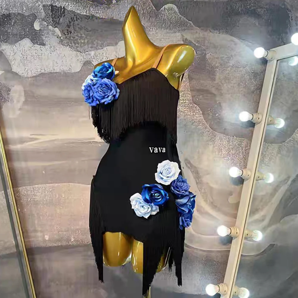 Meninas elegante high-end vestido de dança latina samba crianças cinta sem costas preto sem mangas borla desempenho dança flor vestido