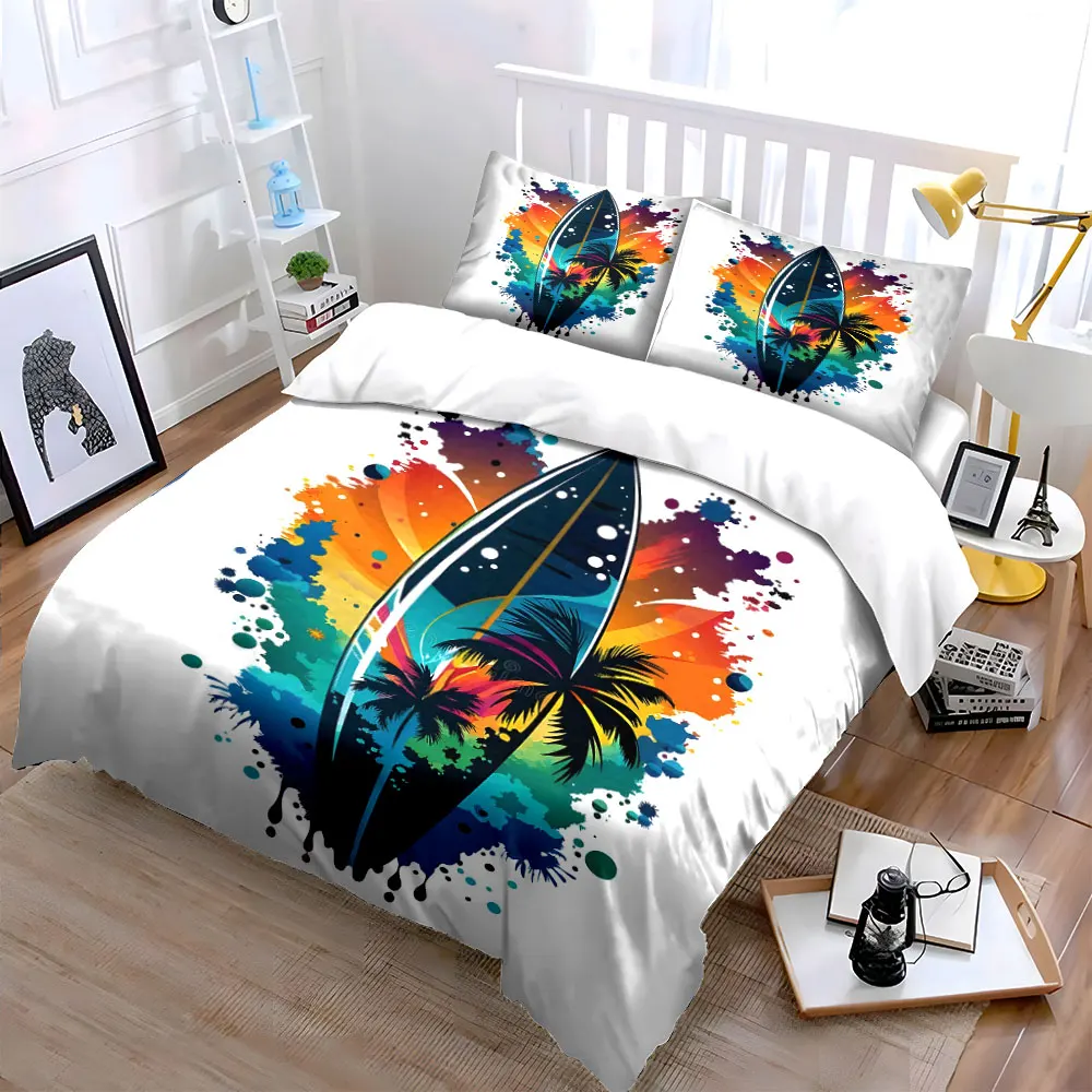 Colorful surfboard with palm tree backdrop Print Bedding Set 1 Duvet Cover 2 Pillowcases for Adult and Children Luxury Gift