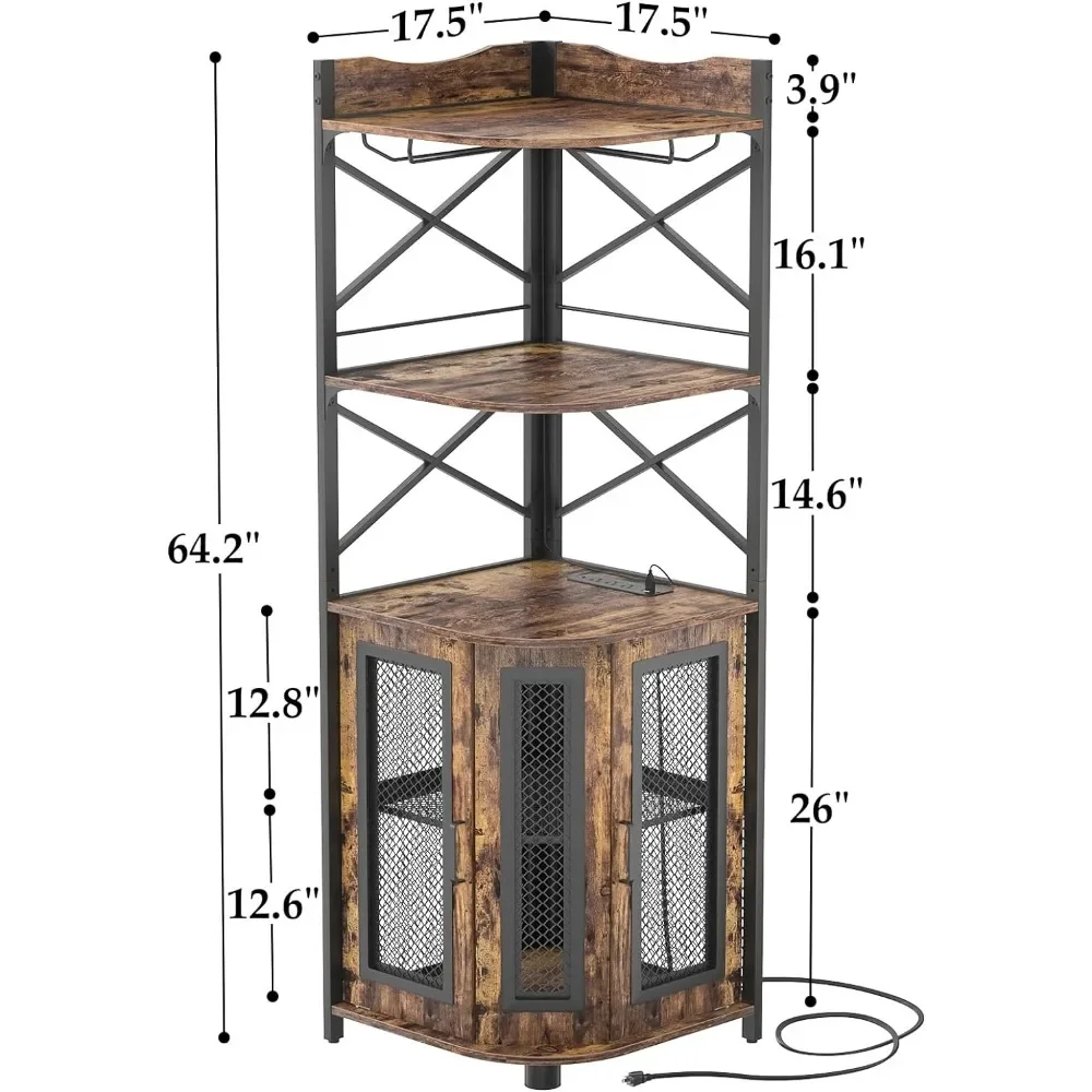 Gabinete de barra de esquina con toma de corriente, gabinete de vino Industrial con tira LED y soporte de vidrio, Unidad de barra de gabinete de licor de 5 niveles