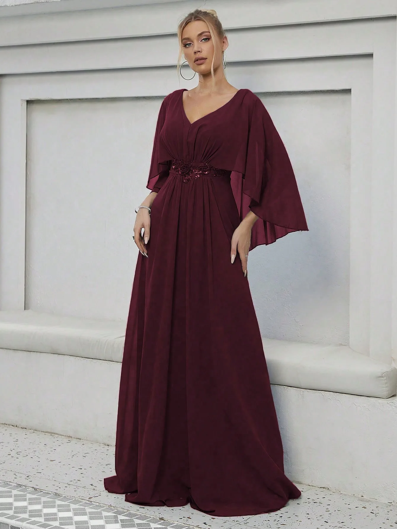 Mother of the Bride Dress - Elegant Cape Sleeve Chiffon Evening Gown - Embellished Waist V-Neck Formal Wedding Guest Maxi Dress
