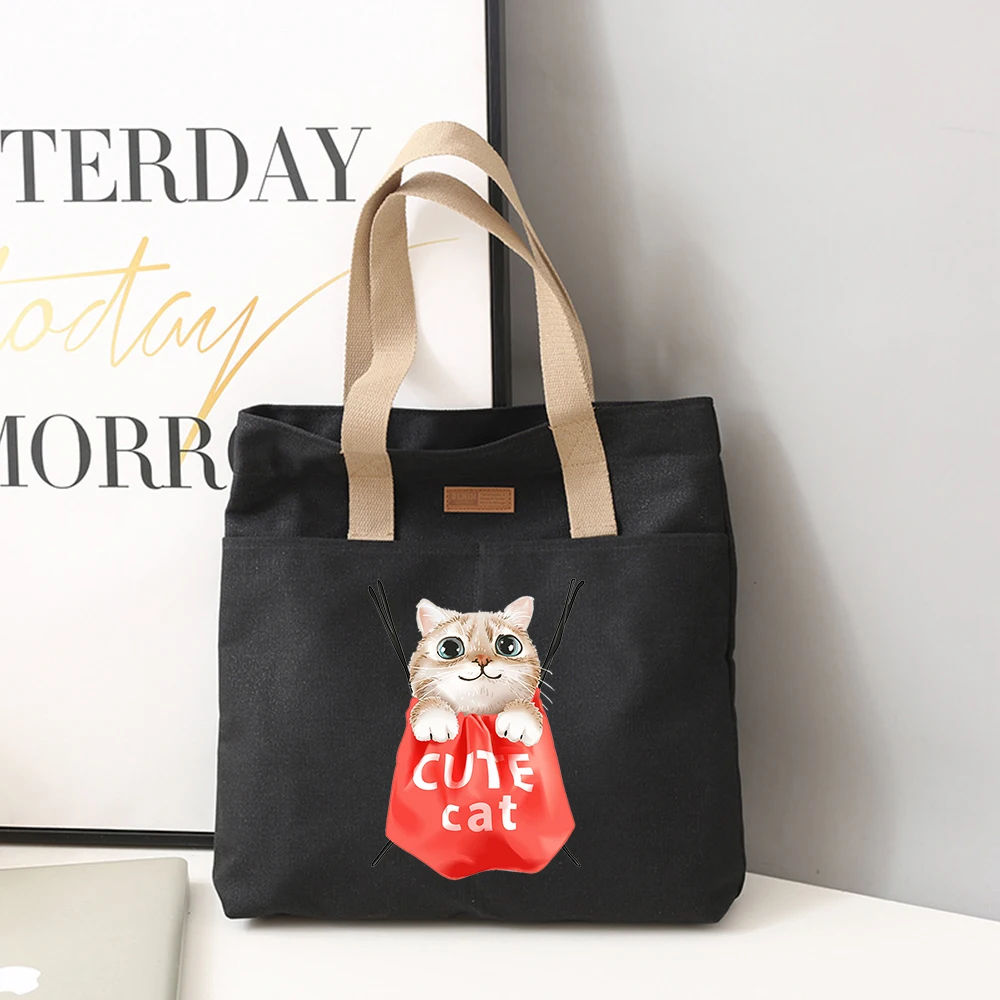 Women's Canvas Tote Bag Kawaii Cat Large Capacity Tote Top-Handle Zipper Bags for Work,school,daily,shopping Laptop Bags Gift