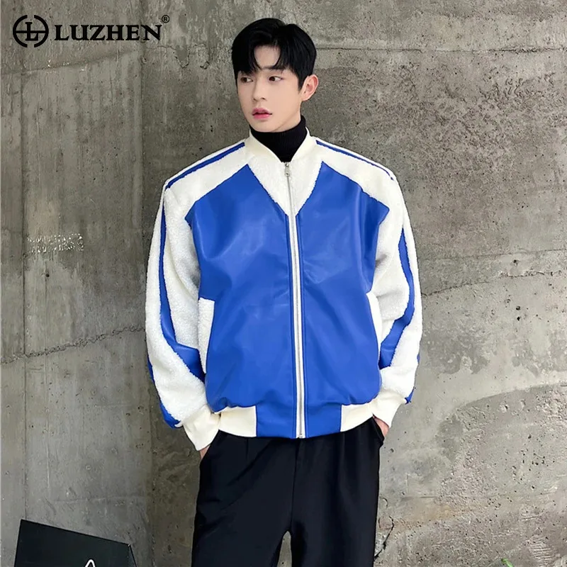 LUZHEN Personalized Leather Contrasting Color Lamb Wool Niche Design 2024 New Male Padded Jackets Original American Coats LZ7717