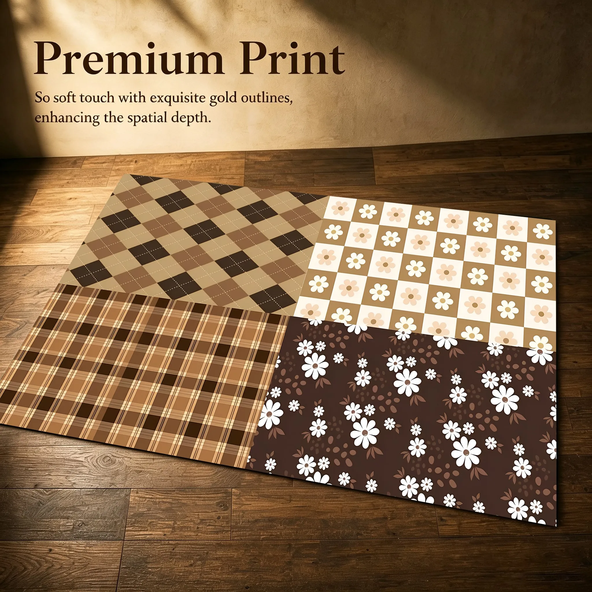 Diamond Checkered Daisy and Dark Floral Retro Maillard Velvet Rug for Christmas, New Year, Living Room, Bedroom, and Bedside