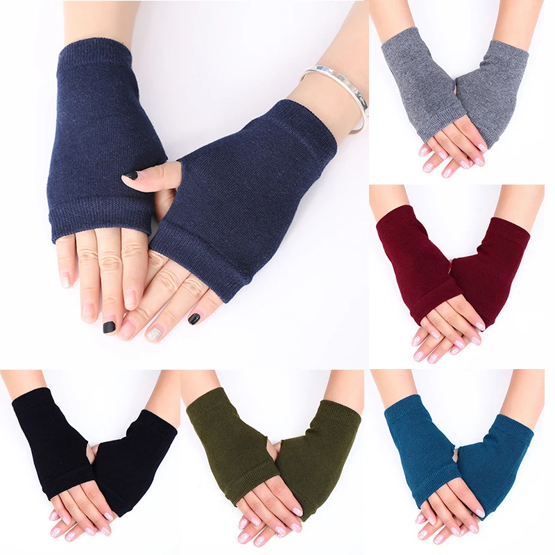 

New Winter Half Finger Gloves Solid Stretch Mittens Exposed Finger Short Cashmere Gloves Crochet Knitting Faux Wool Fingerless