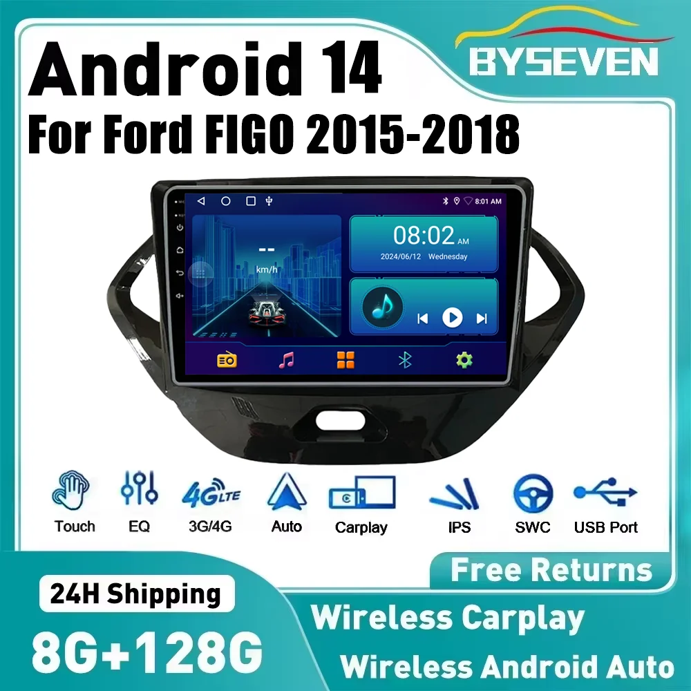 Byseve Wireless Carplay Android 14 Car Radio For Ford FIGO 2015-2018 Car Multimedia Video Player GPS Navigation IPS DSP