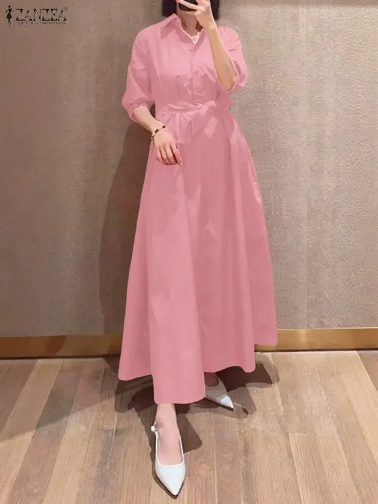 

ZANZEA Fashion Women Red Maxi Long Dresses Casual Loose A-Line Shirtdress Turn-Down Collar Half Sleeve Tie-Waist Autumn 2025 New