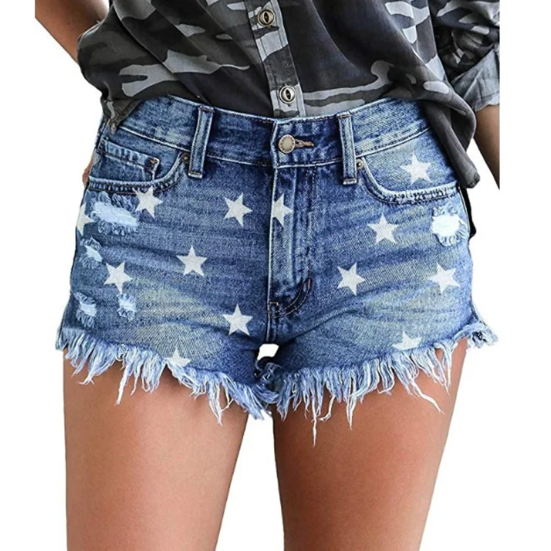 Popular Fashion High-quality Versatile Student Star Print Blue Distressed Tassel Denim Shorts Women's Sexy and Spicy Jeans