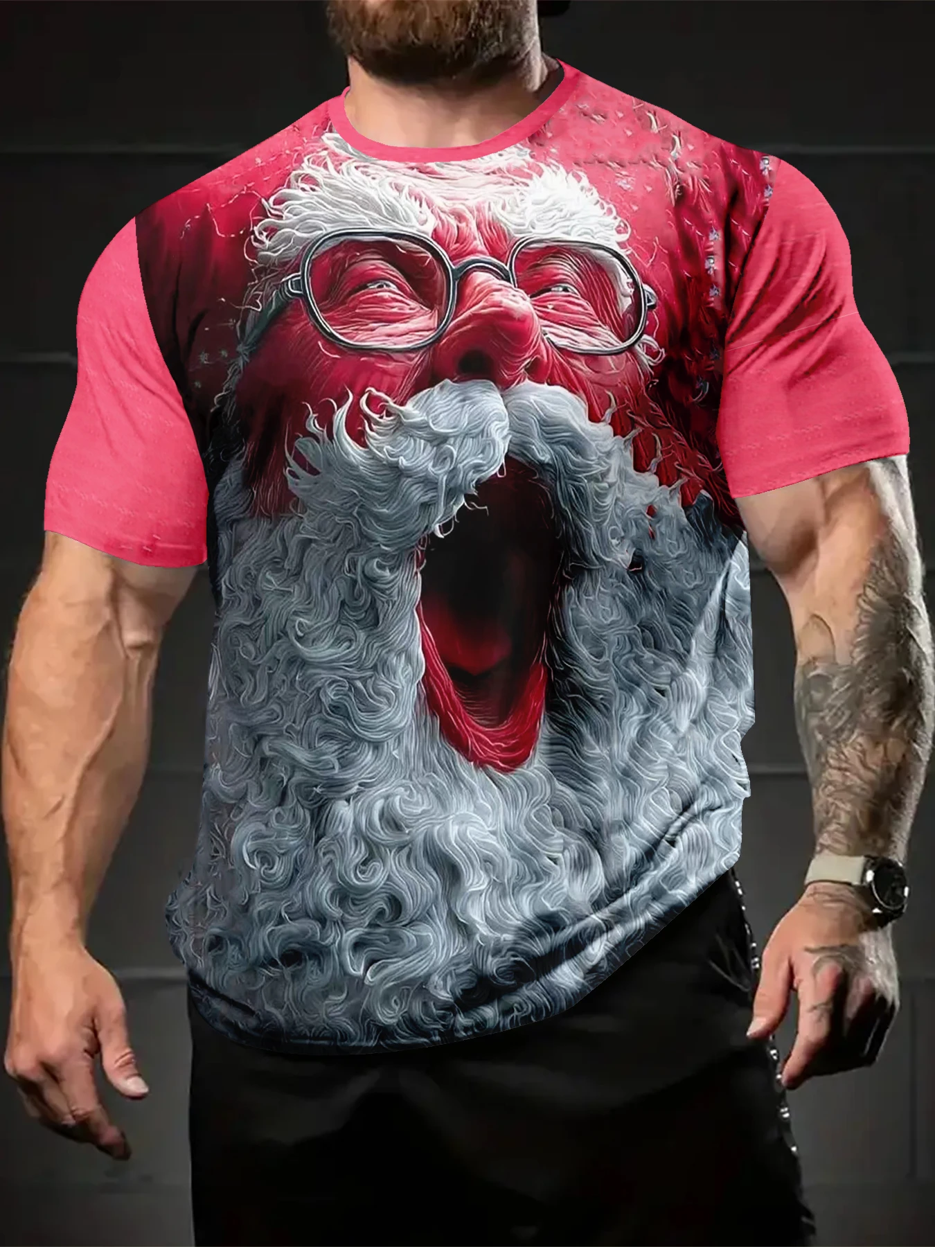 Crew Neck T-Shirt For Men, Curly Grey Beard Santa Xmas Portrait Pattern